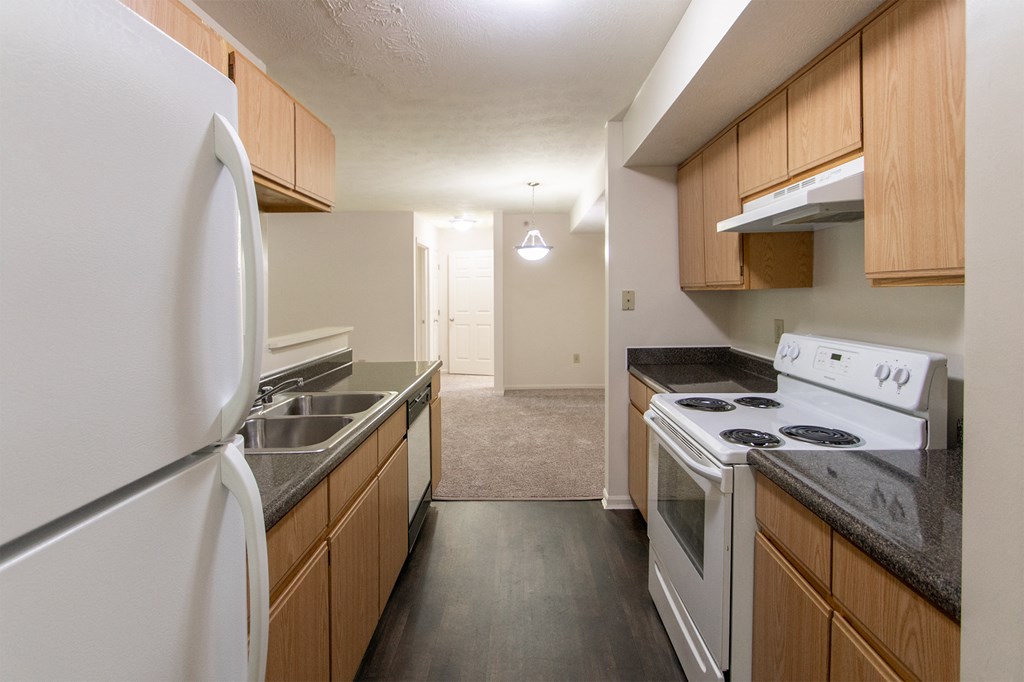 This is photo of the kitchen in the 1056 square foot, 2 bedroom Gainsway floor plan at Trails of Saddlebrook Apartments in Florence, KY.