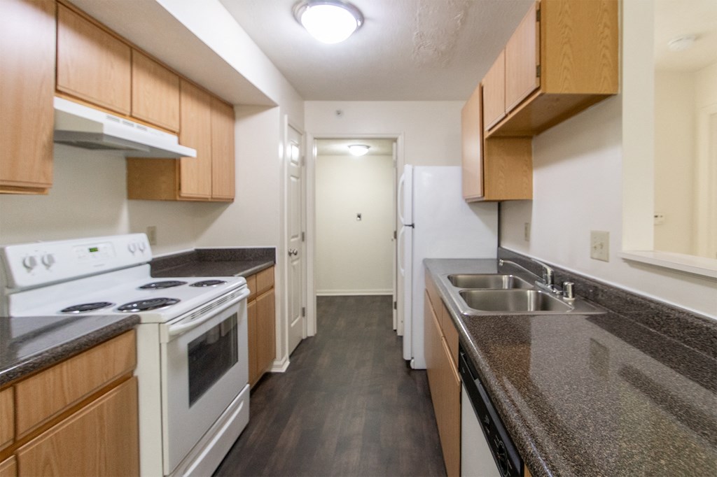 This is photo of the kitchen in the 1056 square foot, 2 bedroom Gainsway floor plan at Trails of Saddlebrook Apartments in Florence, KY.
