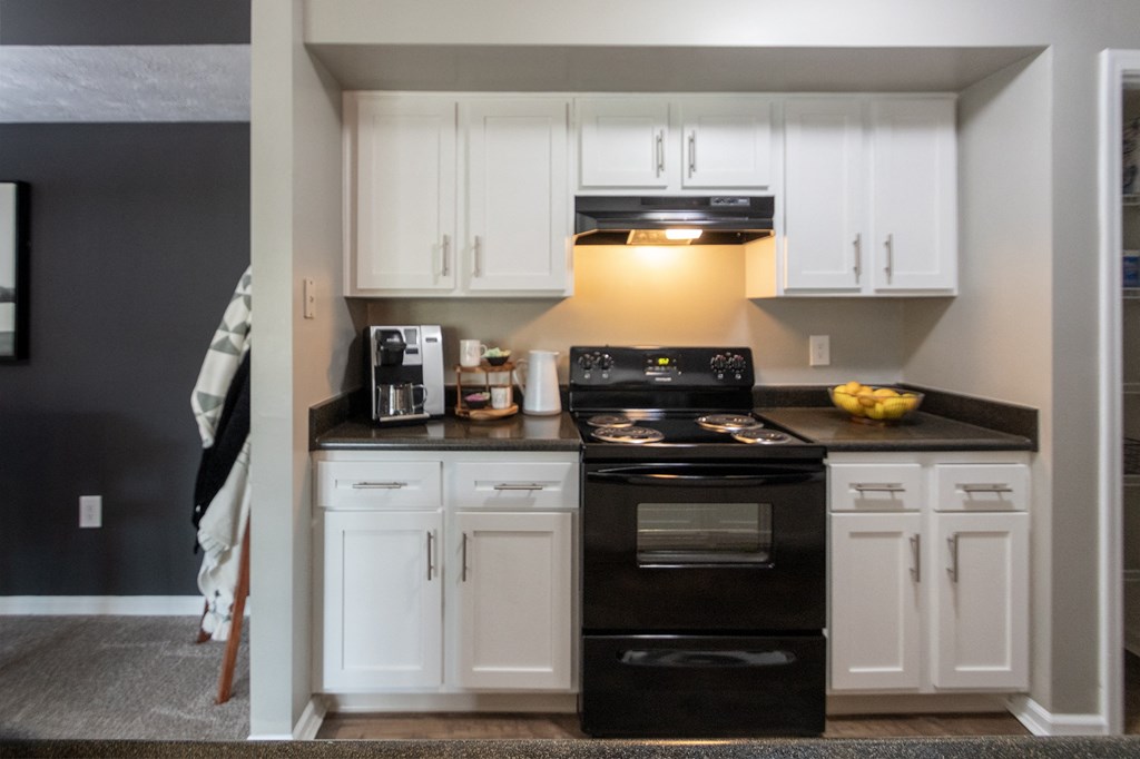 This is a photo of the kitchen in the 1226 square foot 3 bedroom, 2 bath Hambletonian at Trails of Saddlebrook Apartments in Florence, KY.