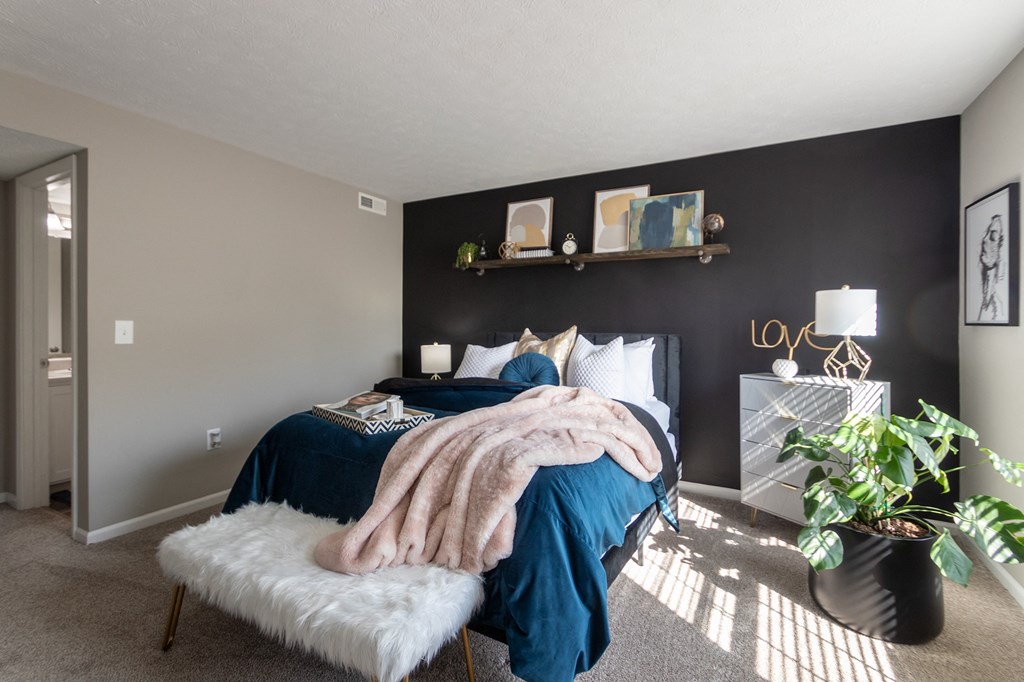 This is a photo of the primary bedroom in the 1226 square foot 3 bedroom, 2 bath Hambletonian at Trails of Saddlebrook Apartments in Florence, KY.