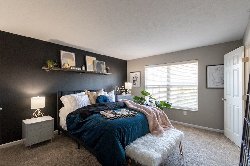 This is a photo of the primary bedroom in the 1226 square foot 3 bedroom, 2 bath Hambletonian at Trails of Saddlebrook Apartments in Florence, KY.