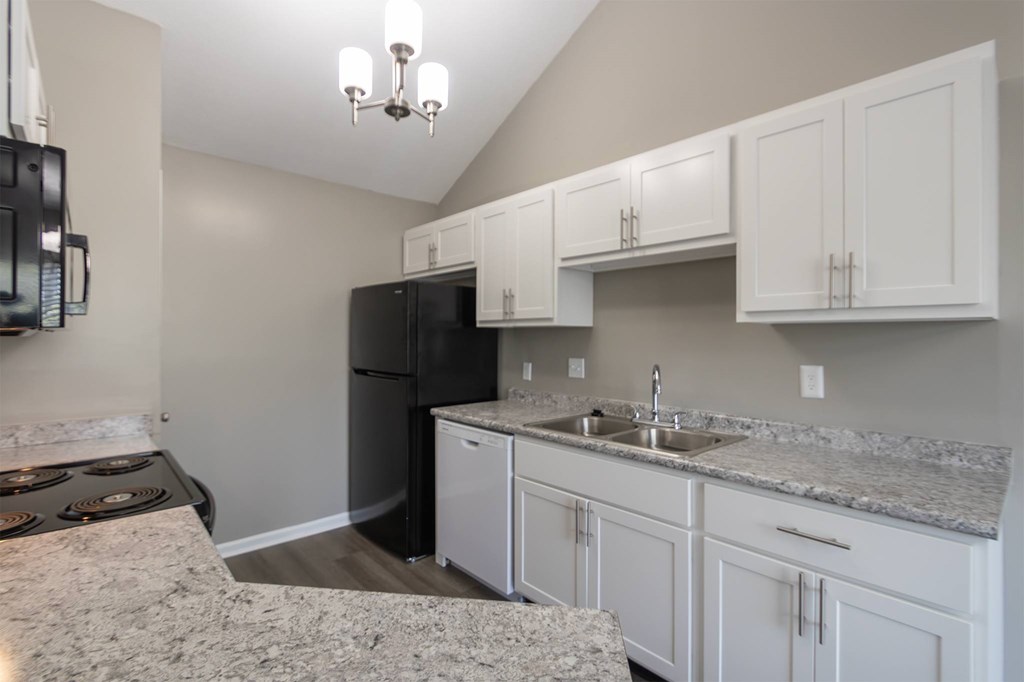This is photo of the kitchen in the 852 square foot, 1 bedroom, 1 bath Fairlawn floor plan at Trails of Saddlebrook Apartments in Florence, KY.