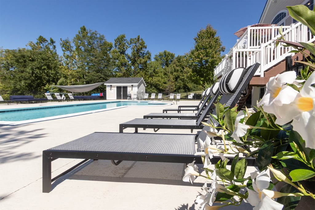 a pool with benches and flowers next to a swimming pool
