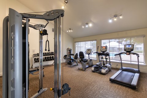 The 24-hour fitness center with treadmill, elliptical, free weights and other workout machines at Woodbridge Apartments in Midtown, Dallas, TX.