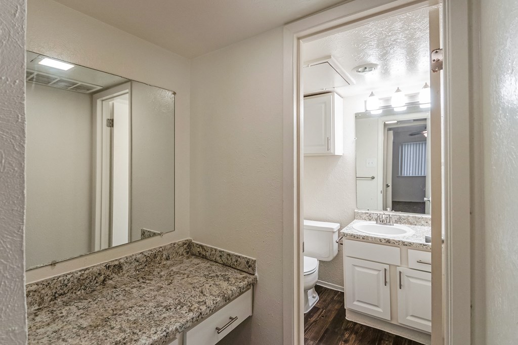 This is a photo of the vanity and bathroom in the 486 square foot 1 bedroom apartment at The Summit at Midtown Apartments in Dallas, TX.
