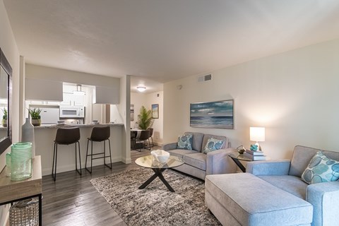 A living room with a grey couch, a coffee table, and a painting on the wall.