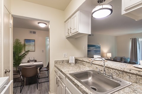 A kitchen with a marble countertop and a stainless steel sink.