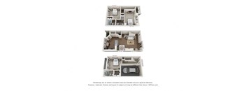 This is a 3D floor plan of a 1670 square foot 3 bedroom apartment at The Brownstones Townhome Apartments in Dallas, TX.