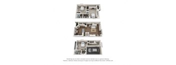 This is a 3D floor plan of a 1661 square foot 3 bedroom apartment at The Brownstones Townhome Apartments in Dallas, TX.