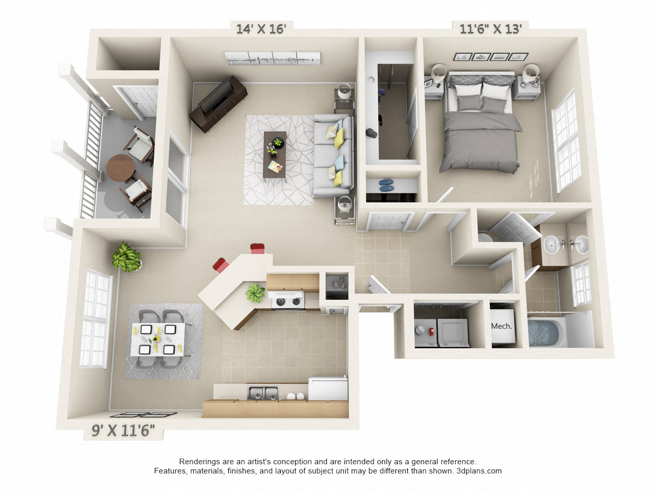 This is a 3D floor plan of a 852 square foot 1 bedroom Fairlawn at Trails of Saddlebrook Apartments in Florence, KY.