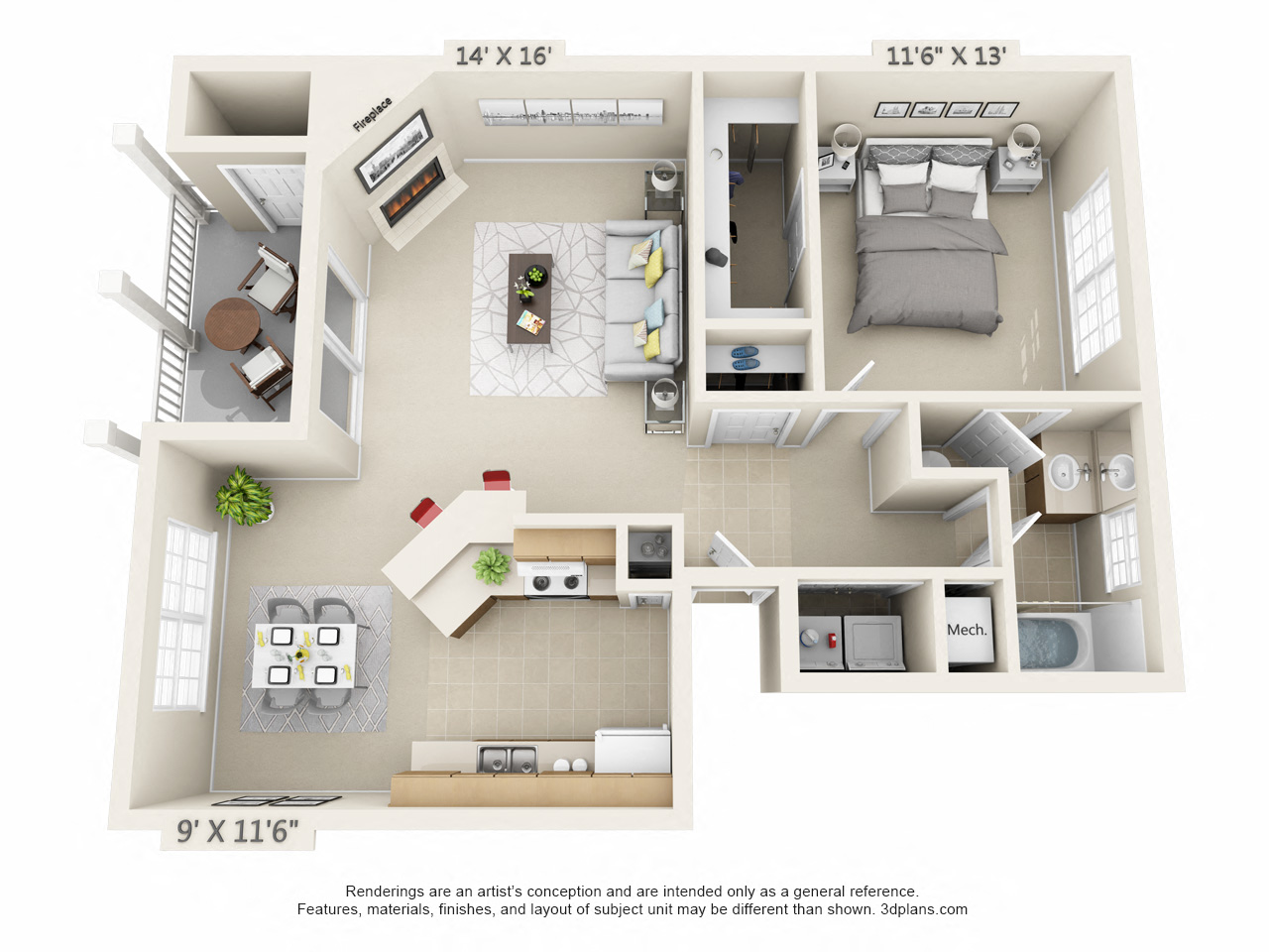 This is a 3D floor plan of a 852 square foot 1 bedroom Fairlawn at Trails of Saddlebrook Apartments in Florence, KY.