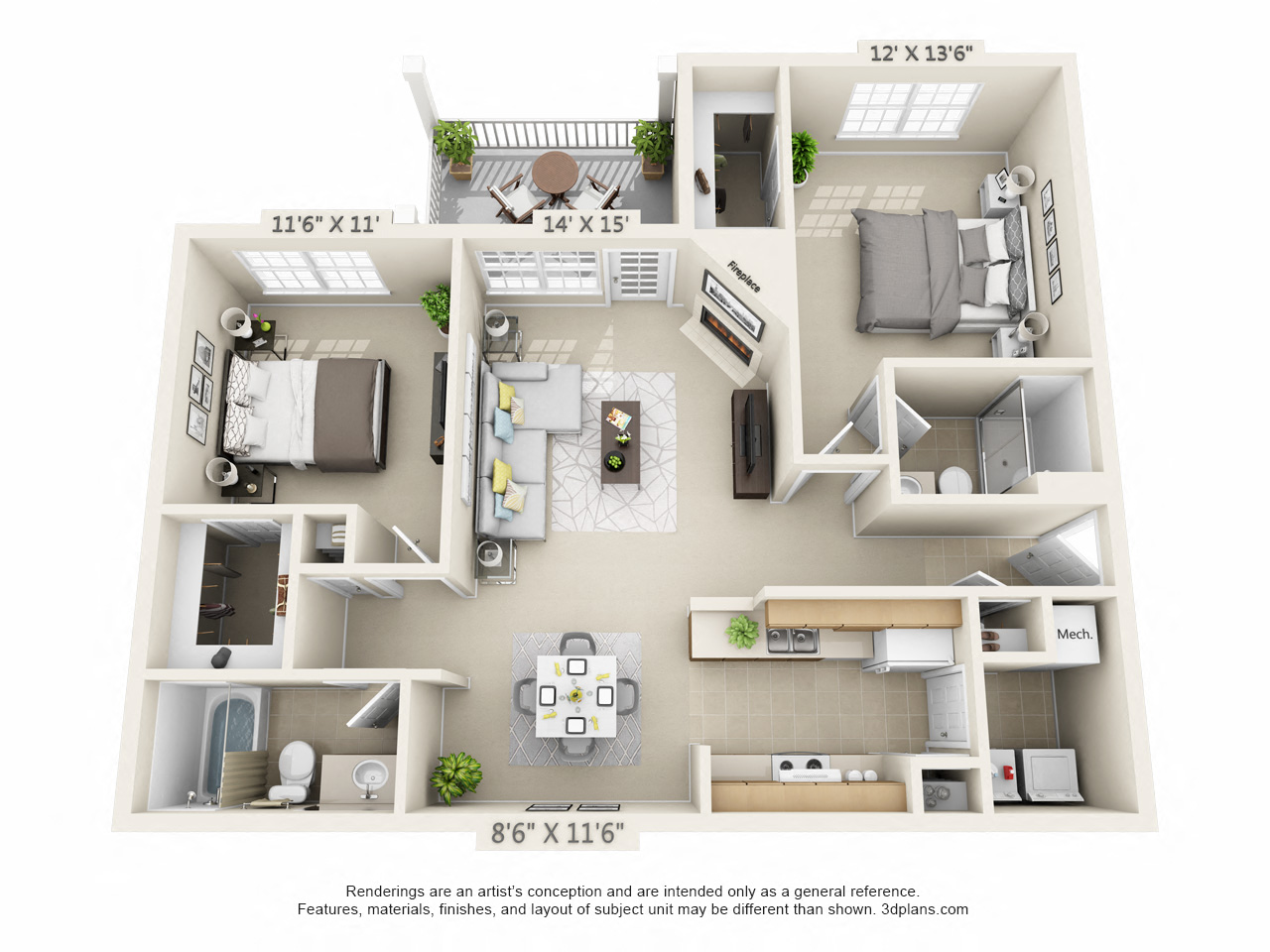 This is a 3D floor plan of a 1056 square foot 2 bedroom Gainsway at Trails of Saddlebrook Apartments in Florence, KY.
