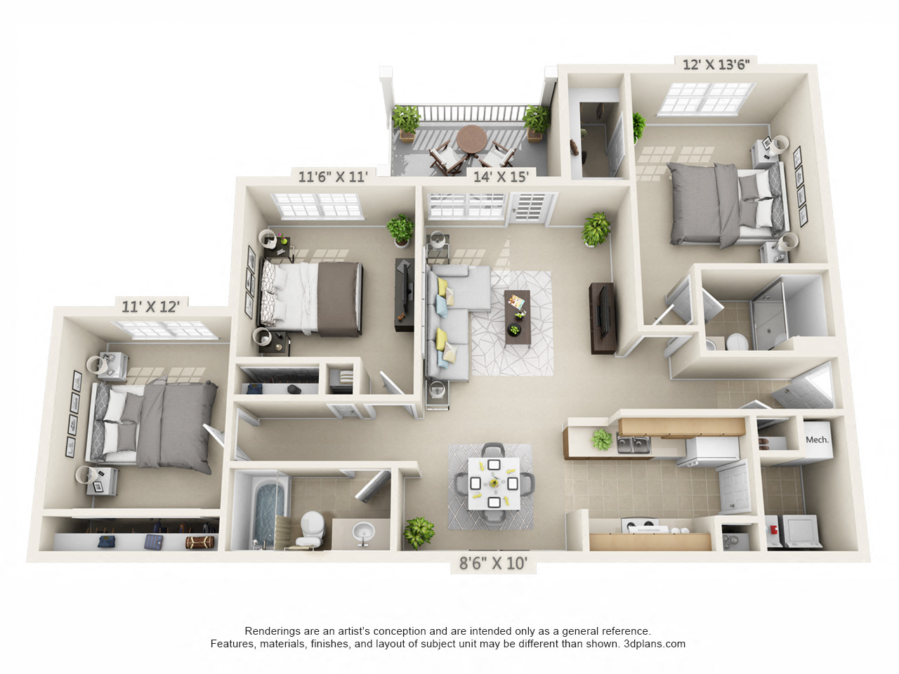 This is a 3D floor plan of a 1226 square foot 3 bedroom Hambletonian at Trails of Saddlebrook Apartments in Florence, KY.
