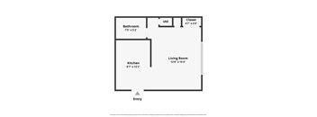 A floor plan of a small apartment with a kitchen, bathroom, living room and closet.