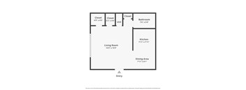 A floor plan of a house with a living room, kitchen, dining area, bathroom and three closets.