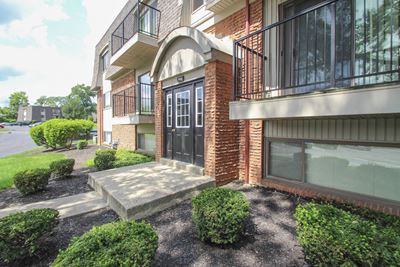 This is a photo of a building entrance at Village East Apartments in Franklin, OH.