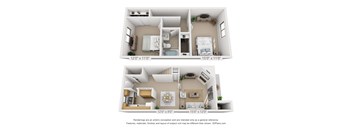 A 3D floor plan of both floors of a 2 bedroom 1 bath town home at Village East Apartments in Franklin, Oh.