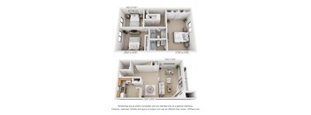 A 3D floor plan of both floors of a 3 bedroom, 2 bath town home at Village East Apartments in Franklin, Oh.