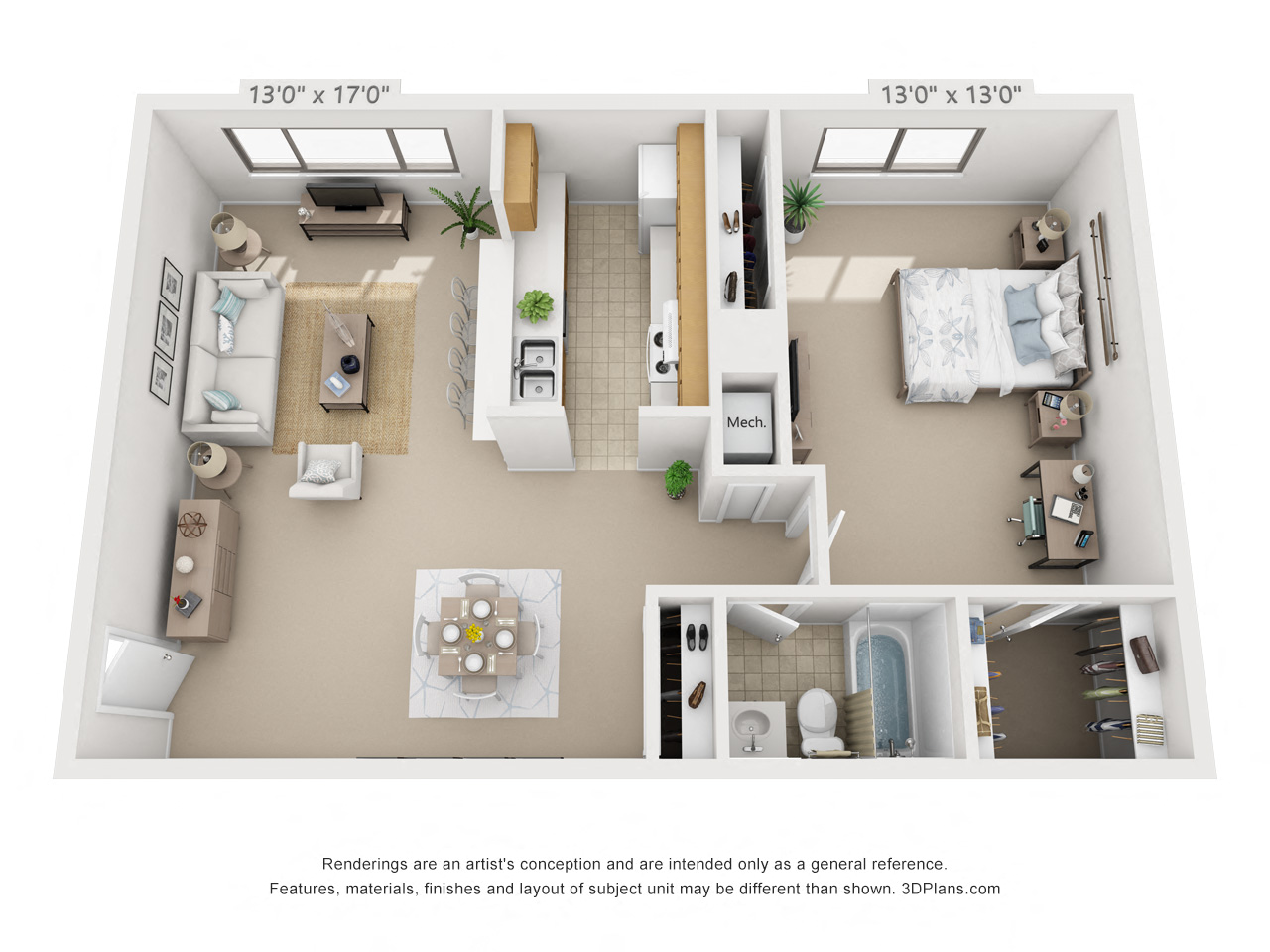 3D floor plan rendering of the 1 Bedroom, 1 Bath apartment at Village East Apartments in Franklin, Ohio. The 684 sq. ft. layout shows a spacious living room, defined dining area, galley-style kitchen, private bedroom, full bathroom, mechanical area, and multiple closet/storage spaces.