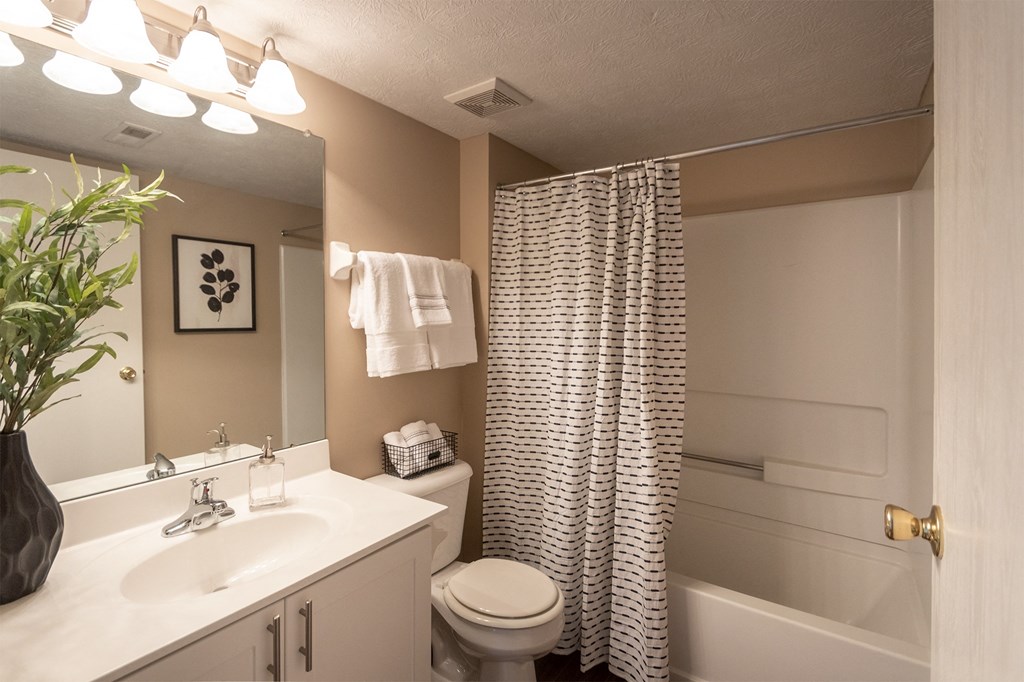 This is a photo of the bathroom of the 890 square foot 2 bedroom, 2 bath Liberty at Washington Place Apartments in in Miamisburg, Ohio in Washington Township.