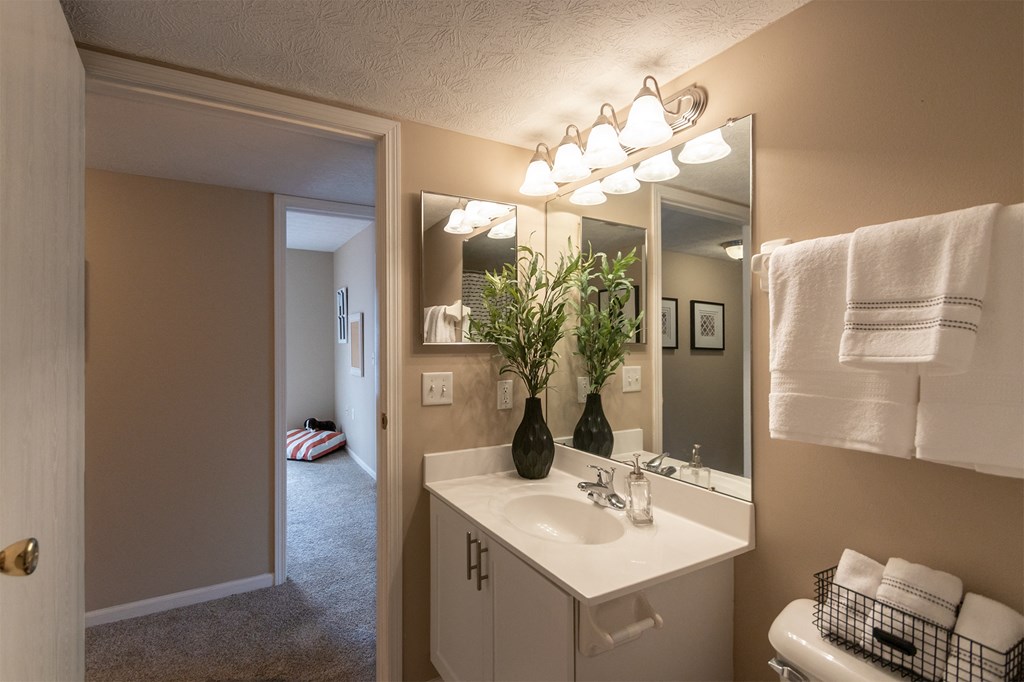This is a photo of the bathroom of the 890 square foot 2 bedroom, 2 bath Liberty at Washington Place Apartments in in Miamisburg, Ohio in Washington Township.