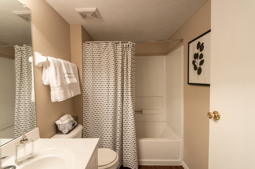 This is a photo of the bathroom of the 890 square foot 2 bedroom, 2 bath Liberty at Washington Place Apartments in in Miamisburg, Ohio in Washington Township.