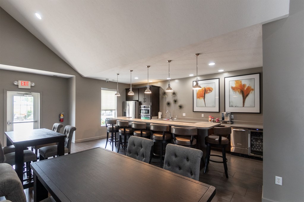 This is a photo of the kitchen in the resident clubhouse at Place Apartments in Miamisburg, Ohio in Washington Township.