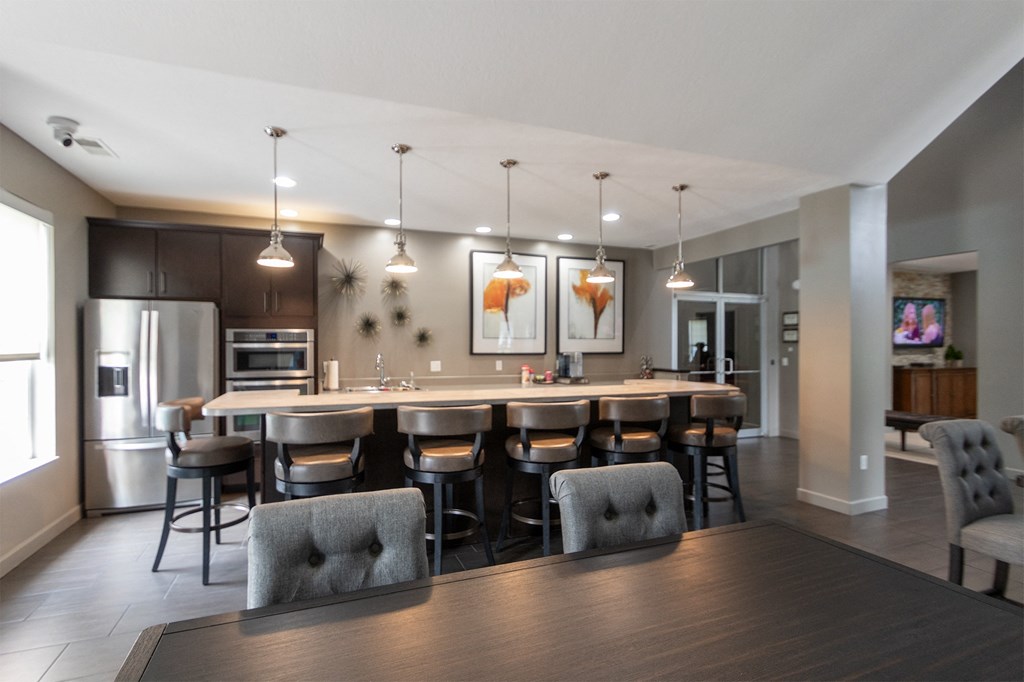 This is a photo of the kitchen in the resident clubhouse at Place Apartments in Miamisburg, Ohio in Washington Township.