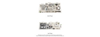 This is a 3D floor plan of a 1500 square foot 3 bedroom Bellbrook at Washington Park Apartments in Centerville, OH.