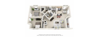 This is a 3D floor plan of a 1100 square foot 2 bedroom Kettering at Washington Park Apartments in Centerville, OH.