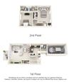 this is a 3D floor plan of the 1280 square foot 2 bedroom Oakwood town home floor plan at Washington Park Apartments in Centerville, Ohio.