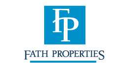 A blue and white logo for Fath Properties.