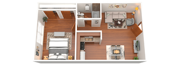 A 3D rendered image of a modern, well-furnished apartment.