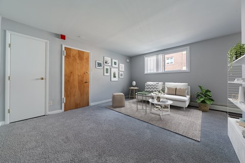 A living room with a grey carpet and a white sofa.