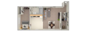 A 3D rendered image of a small apartment layout.
