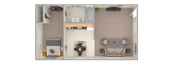 A 3D floor plan of a small apartment with a kitchen, living room, and bathroom.