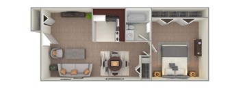 A floor plan of a living space with a kitchen, dining area, and bedrooms.