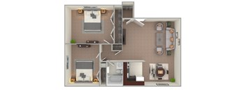 A 3D floor plan of a small apartment with a kitchen, living room, and bedroom.