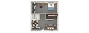 A top-down view of a living room with a couch, chairs, a television, and a fireplace.