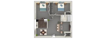 A top-down view of a house layout with a living room, dining room, kitchen, and bathroom.
