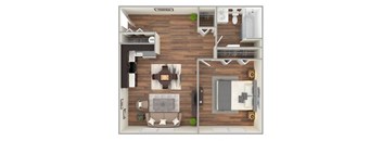 A top-down view of a modern apartment layout with a living room, kitchen, and bathroom.