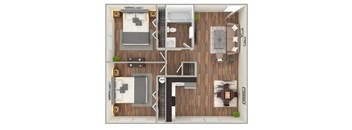 A top-down view of a small apartment with a living room, kitchen, and two bedrooms.