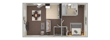 A top-down view of a small apartment with a kitchen, living room, and bathroom.