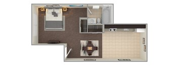 A 3D rendered image of a small apartment layout.