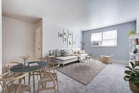 A living room with a grey couch, a round table with chairs, and a rug on the floor.