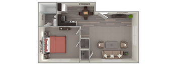 A 3D floor plan of a small apartment with a kitchen, living room, and bedroom.