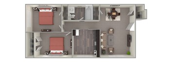 A top-down view of a small apartment with two bedrooms, a living room, and a kitchen.