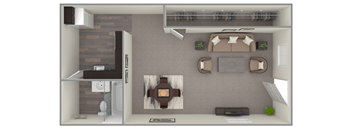 A top-down view of a modern kitchen with a dining area.