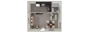 A top-down view of a small, neatly organized apartment with a kitchen, living room, and bathroom.