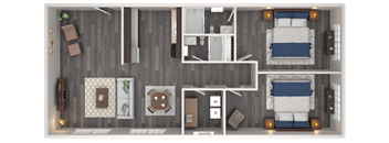 A floor plan of a house with two bedrooms, a living room, a kitchen, and a laundry area.